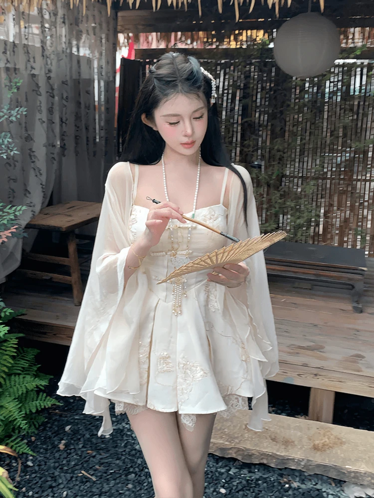 

Женская повседневная юбка SYJ Sweet Sle с вышивкой, на бретельках, укороченная, пышная, с завышенной талией, А-силуэт, во французском стиле, с длинными рукавами