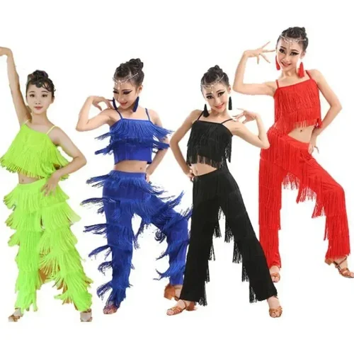 Imagen 1 del producto Costumes de pantalon de danse latine pour enfants, robe à franges pour filles, salsa samba, grande taille, salle de Rh, tenues