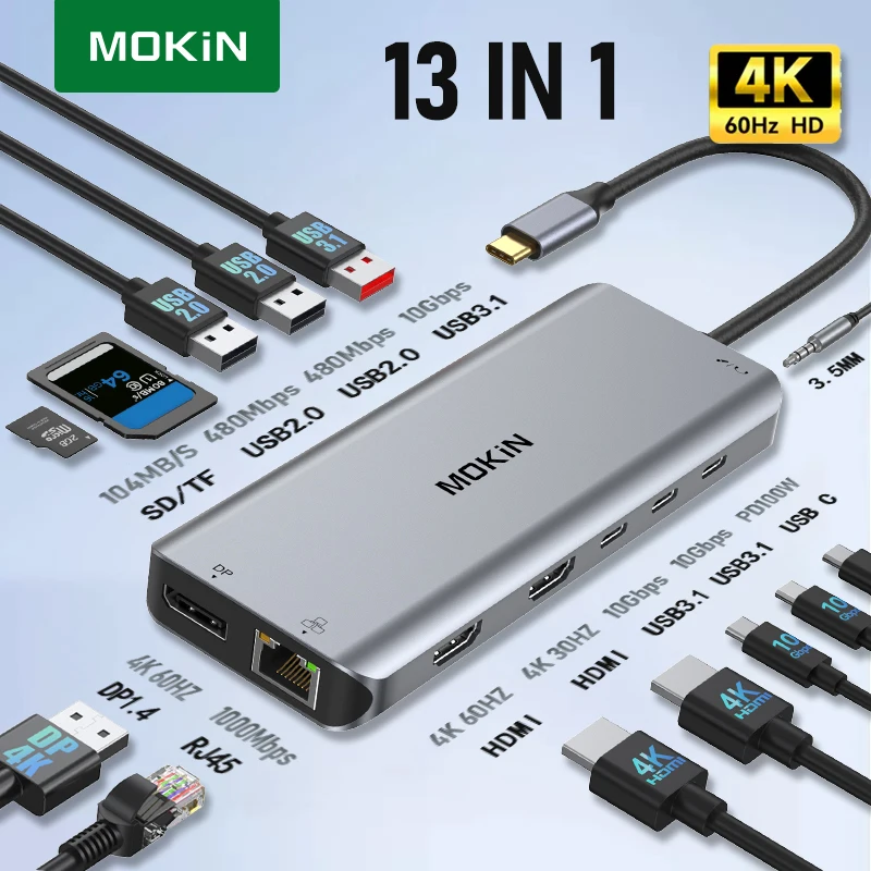 

MOKiN USB C HUB Док-станция 4K 60 Гц HDMI-адаптер DP VGA Gigabit Ethernet USB 3.1 PD 100 Вт для Macbook Air Pro M2 M1 ПК