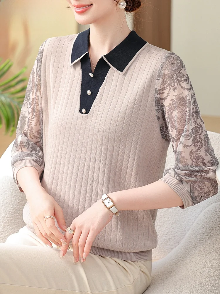 

Весенняя модная тонкая футболка для женщин среднего возраста, базовый слой, свободный крой, V-образный вырез, смесь полиэстера