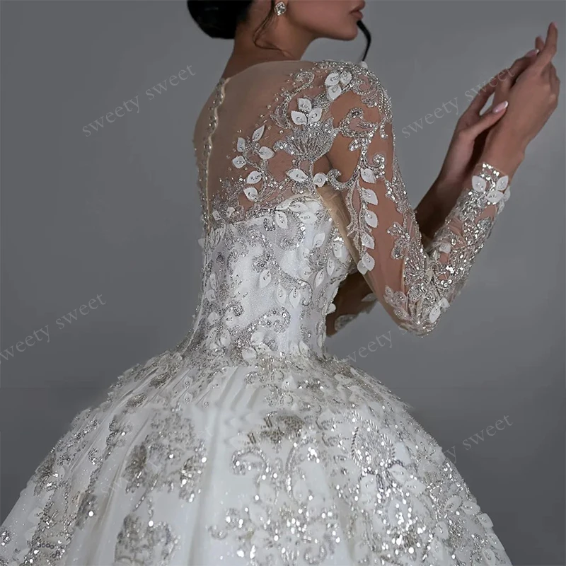 Luxury Wedding Dress Bead Organza With Embroidery Princess Ball Gown Full Sleeve O-Neck Customized Bride Button Vestido De Novia