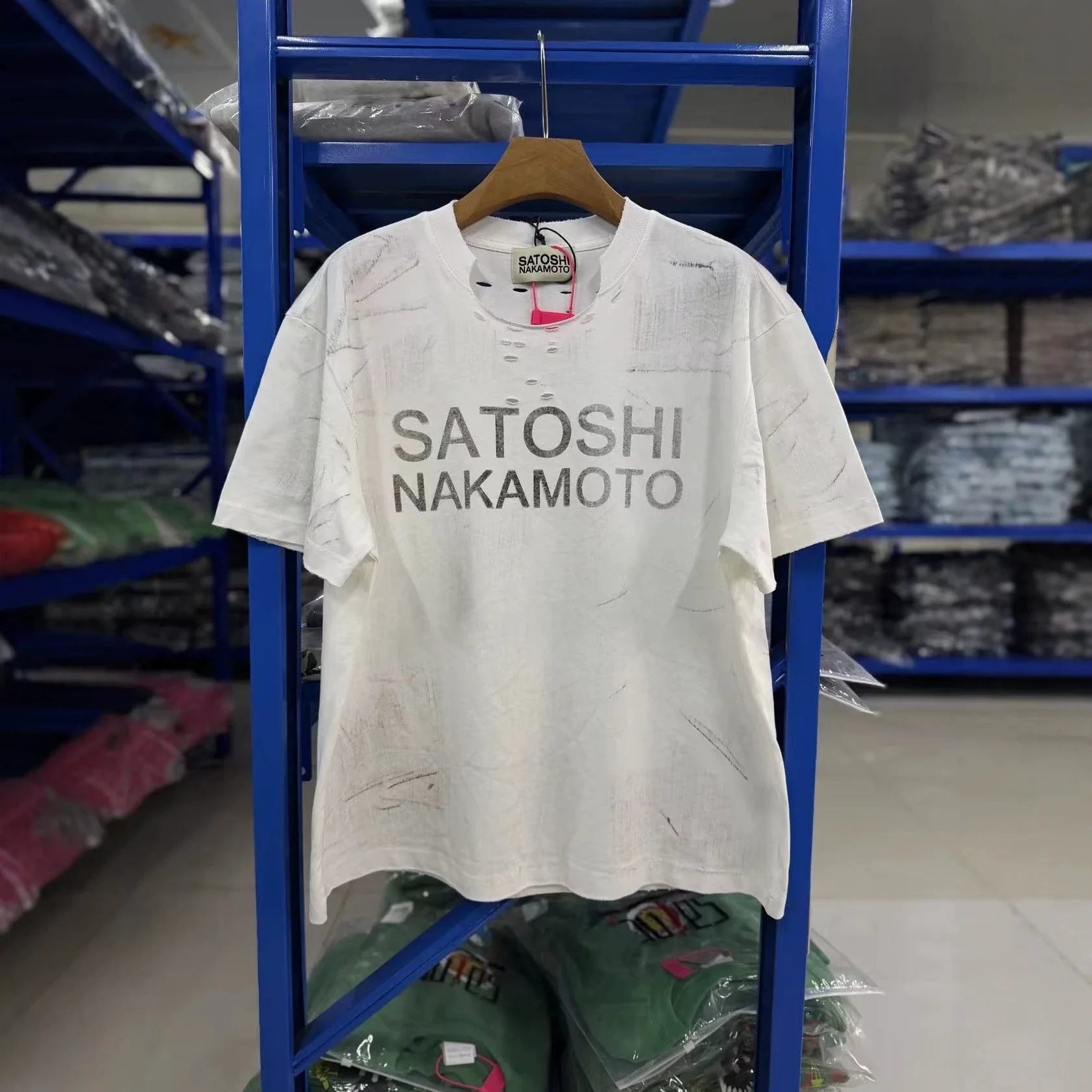 Satoshi Nakamoto Classic Summer Retro Letterprint Washed and Weathered Stained and Cracked Loose-Sleeved T-Shirt