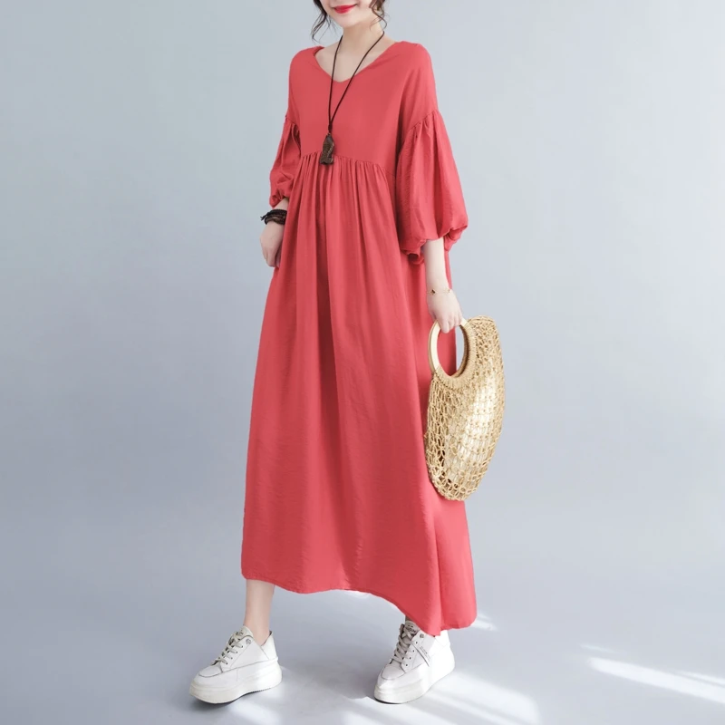 Plus Size Losse Knielange Dr Dames Voor Rok Over De Knie Lange Jurk Afslanken Effect Zomer Polyestervezel ort Sve