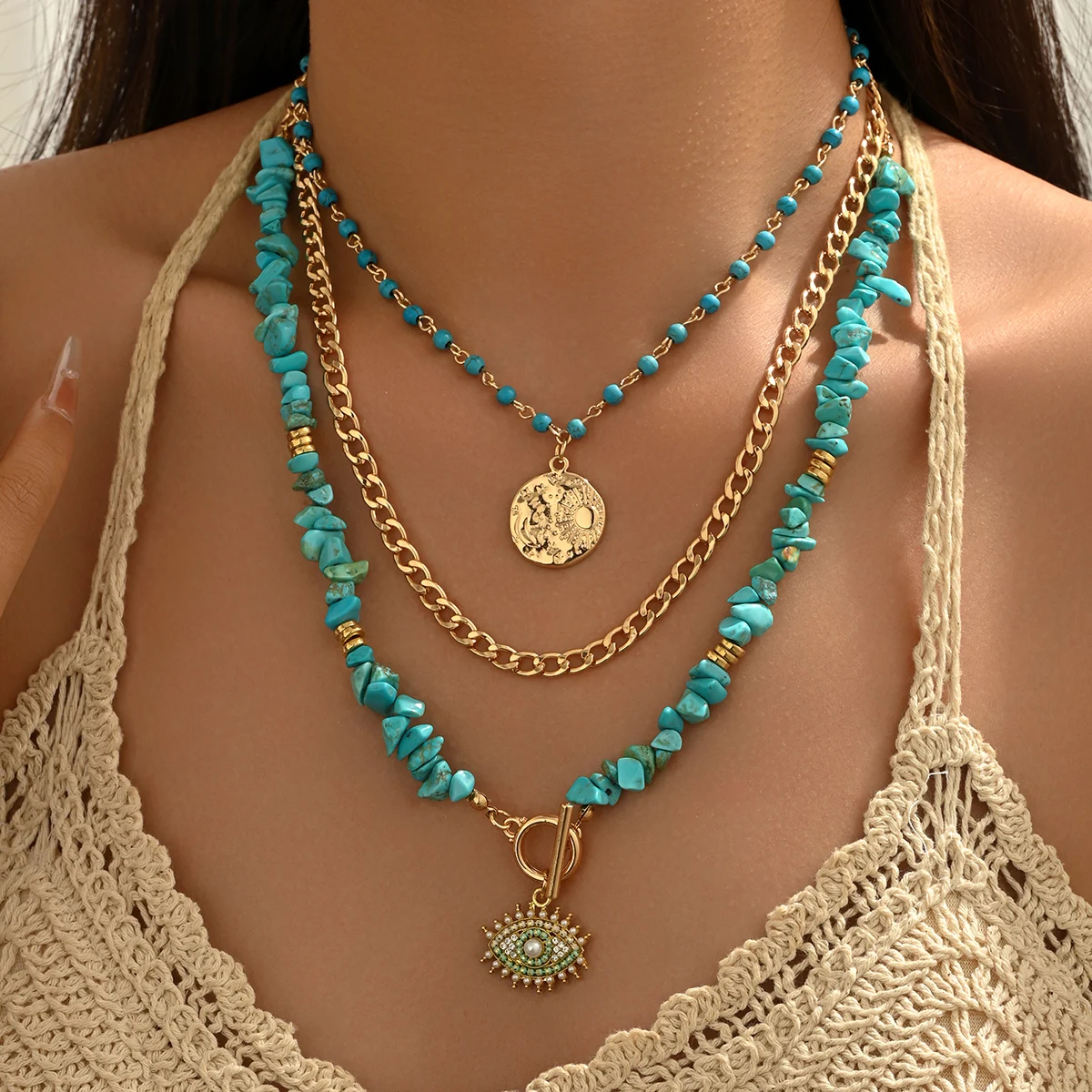 3 Piece Layered Turquoise Chip Necklace Gold Evil Eye Moon Pendant Boho Beach Summer Trendy Jewelry for Women