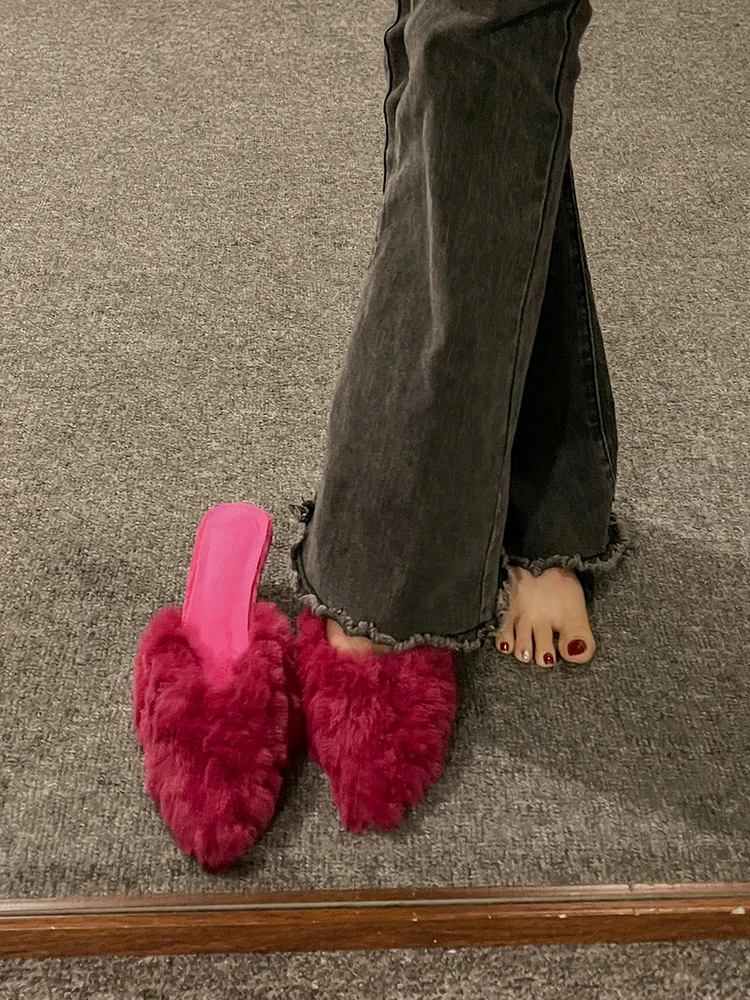 Pantofle Casual Platform Women Heels Square heel Fur Flip Flops Flock Pantofle Female Tap Low Slides Luxury High Block Plu