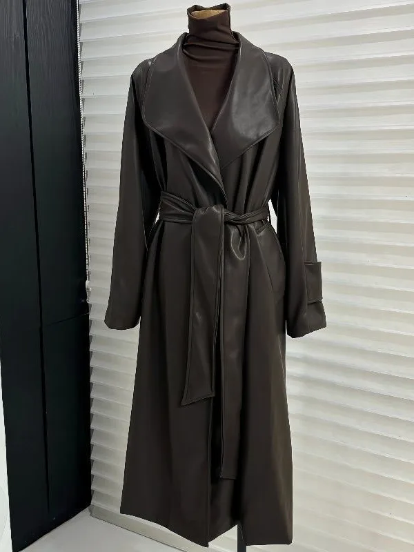 Ele Langer Leder-Jaset-Mantel mit tailliertem, knielangem Design und großem Kragen, Herbst-Winter-Neuheit für Damen