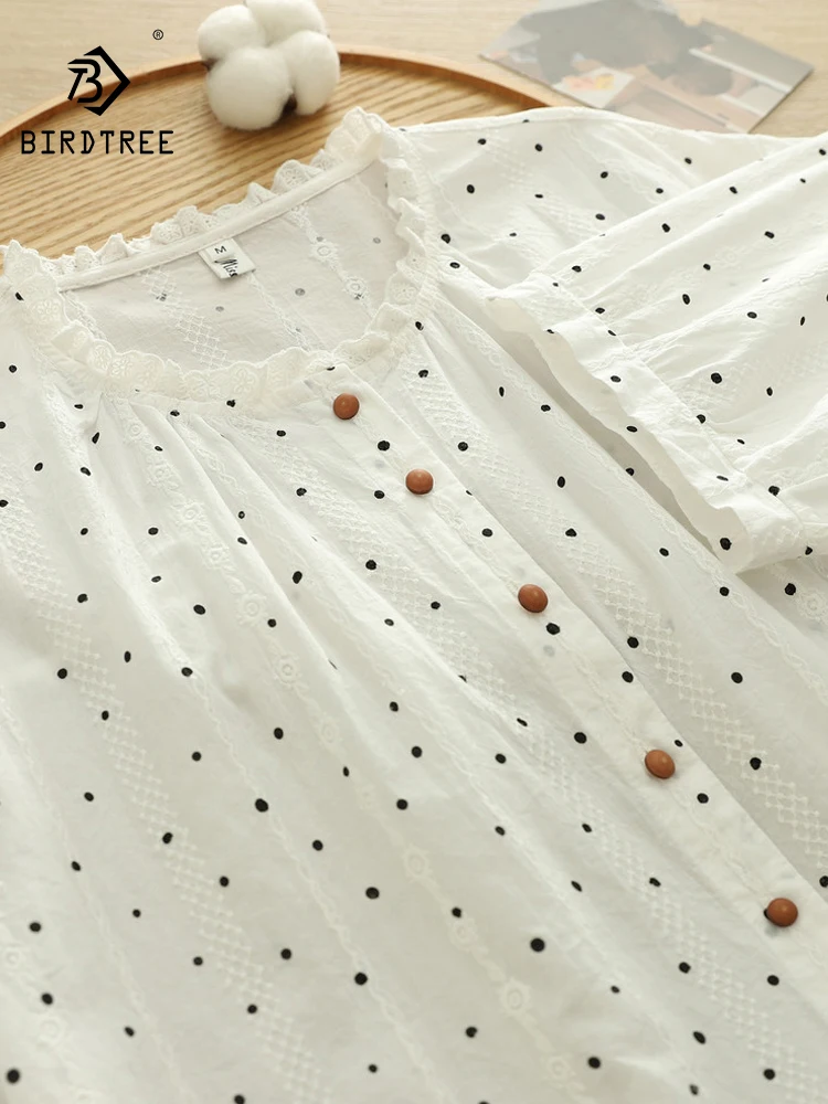 

New 2026 Summer Women Cotton Short Sleeve Shirt, Ruffled Embroidery, Mori Girl French Dot Print Sweet Thin Loose Blouse T64022CC