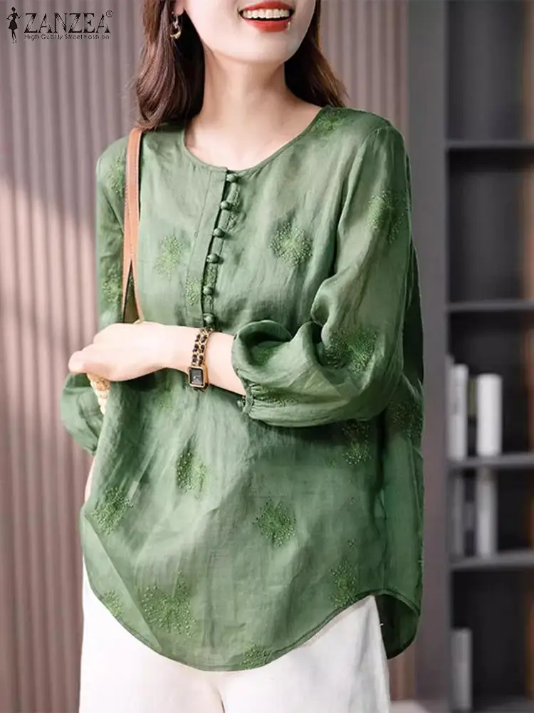 ZANZEA Casual Loose Solid Color Tops Women Printed Blouse Fashion Holiday 3/4 Sleeve Round Neck Blusas 2024 Summer Korean Tunics