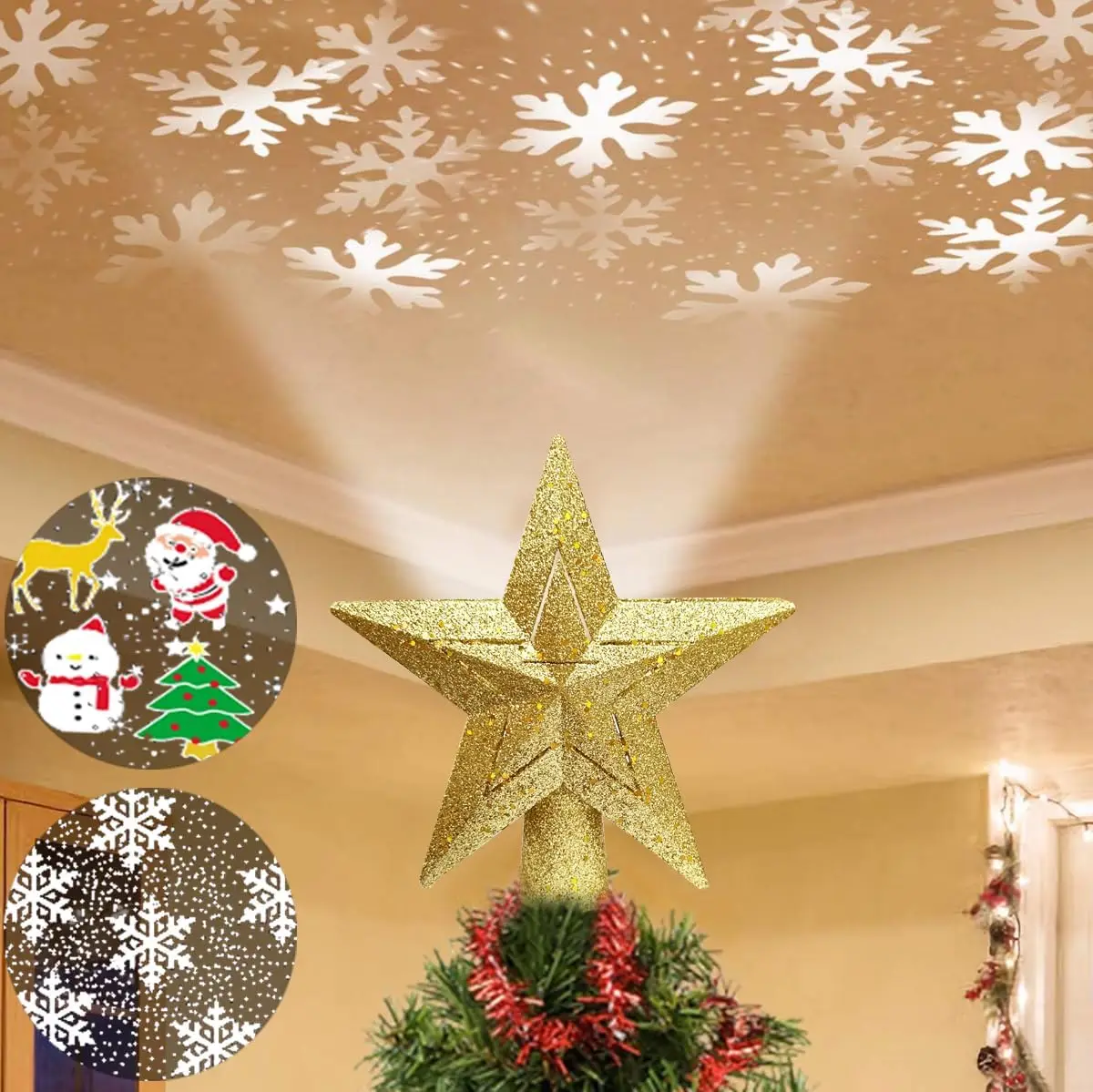 Christmas Tree Topper Projector Gold Star with Highlight LED Rotating Snowflakes and Santa Claus Projector Xmas Tree Top Decore