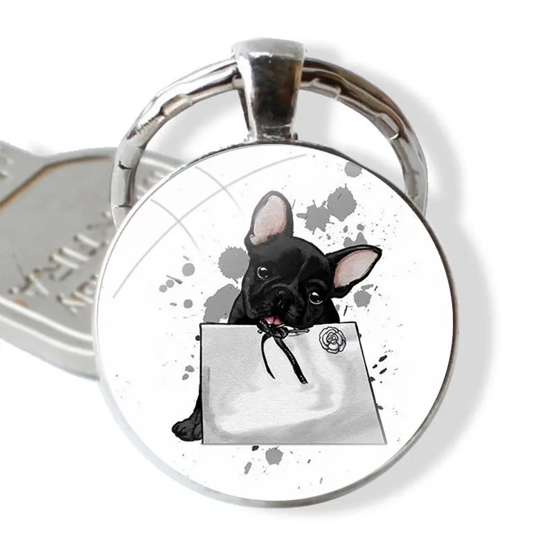 Keychain Handmade Glass Cabochon Key Ring Holder Pendant Key Chains French bulldog dog