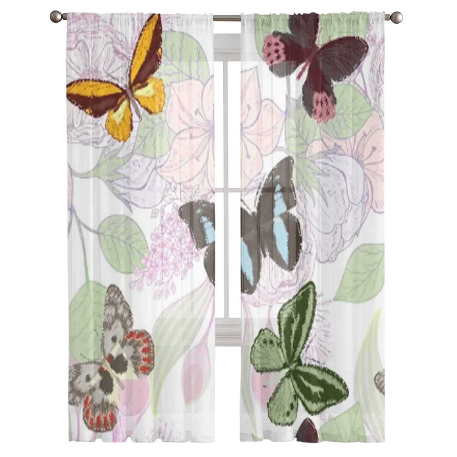 Flowers And Butterflies Tulle Sheer Curtains for Living Room the Room Bedroom Kitchen Decoration Voile Organza Curtains