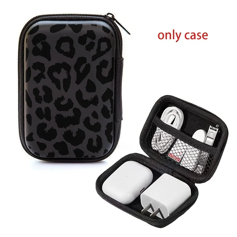 Black Leopard Print EVA Hard Shell Electronics Organizer Shockproof Portable Cable Organizer Bag for Earphone Charger Data Cable view 2