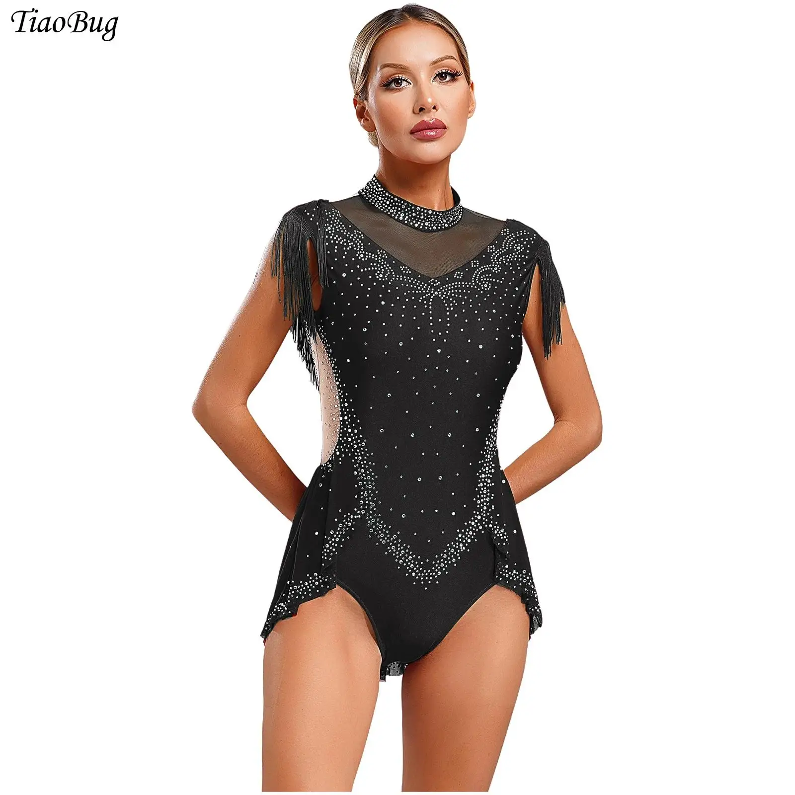 

Womens Latin Dance Leotard Sleeveless Shiny Rhinestones Tassel Sheer Mesh Patchwork Skirted Bodysuit Ballroom Jazz Dancewear