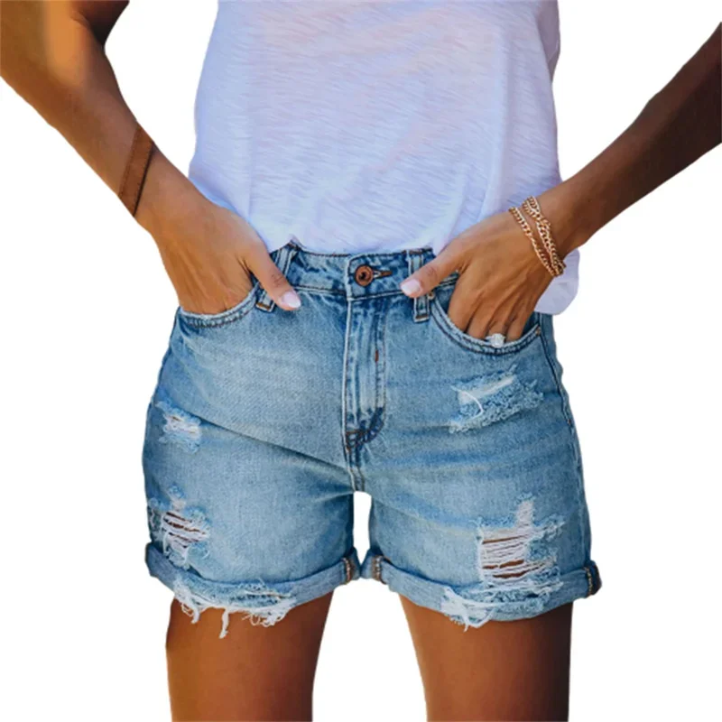 Fashion Vintage Broken Holes Denim Shorts Women Straight Mini Jeans Three Quarter Pants Female Summer Casual Trend Streetwear 24