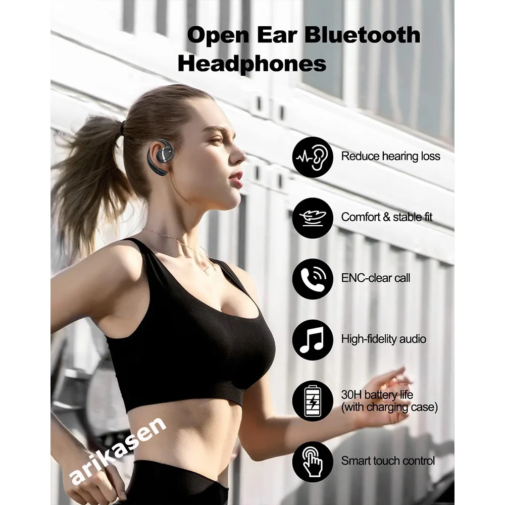 Open Ear Headphones Wireless Bluetooth 5.3 Open-Ear Earbuds Wireless Earbuds Bluetooth Headphones Air Conduction with Mic LED