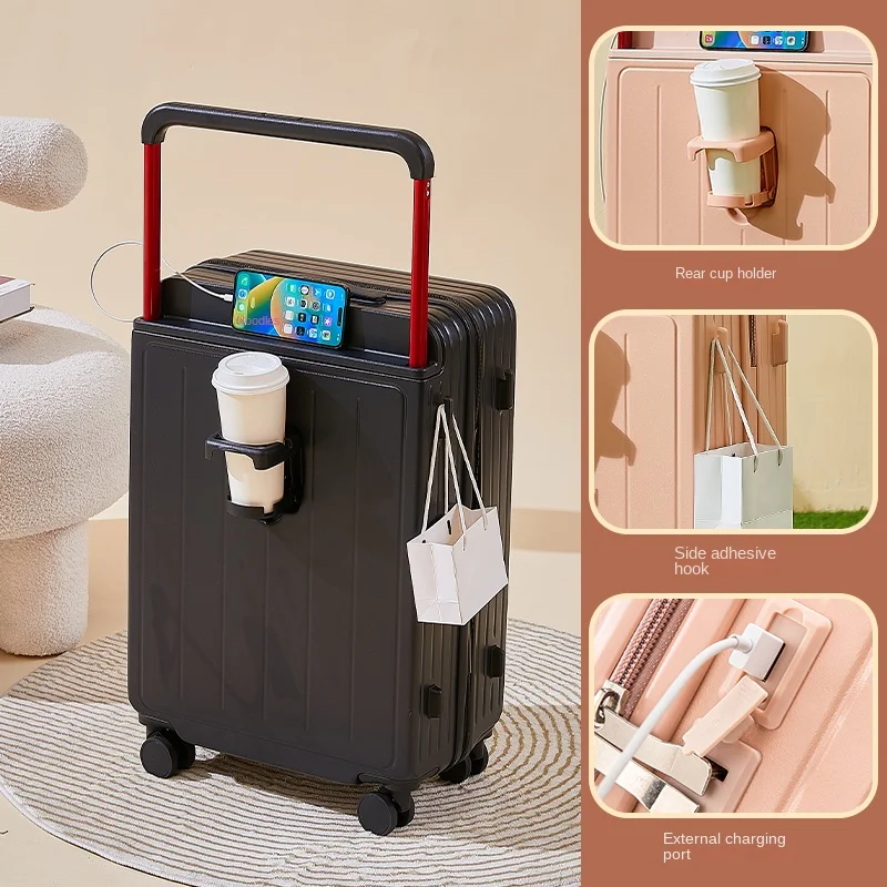 Wide Handle Suitcase Luggage with USB Cup Holder 20 28 inch 2024 New Travel Bag Unisex Cabin Large Size Luggage Rolling Trolley