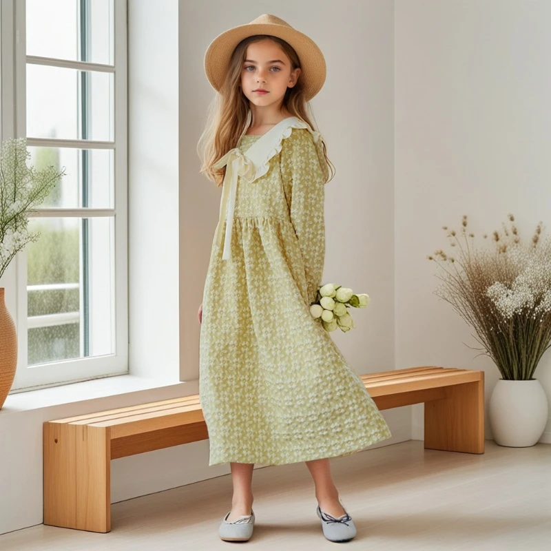 

Girls Dresses 2025 Spring New Sweet Jacquard Princess Dress for Kids Long Sleeve Casual Daily Fashion Teen Children Clothes 10 Y