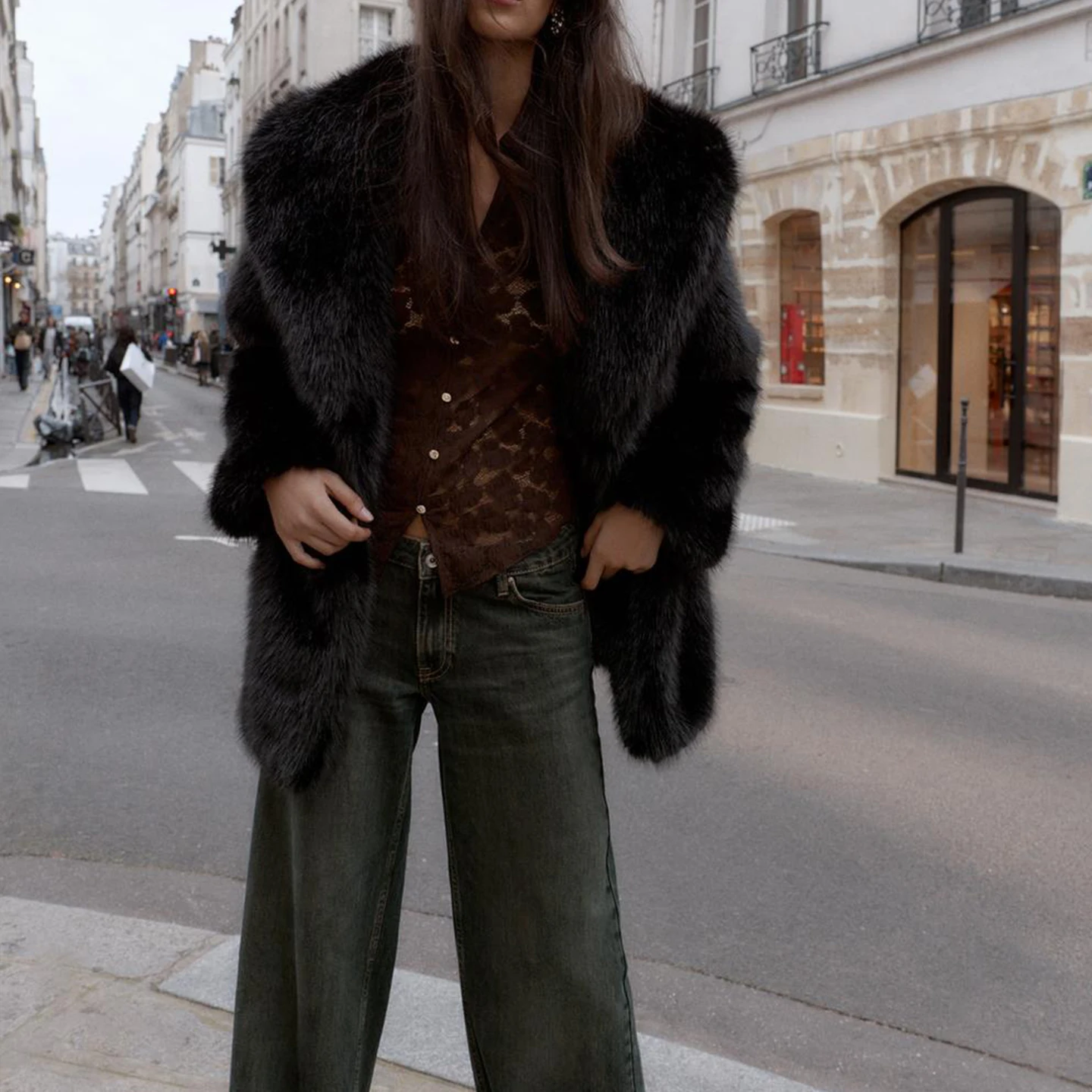 Otoño 2025 Abrigo con cinturón efecto piel Artificial de dos tonos Faion para mujer cuello con muescas largo medio otro Material 00%