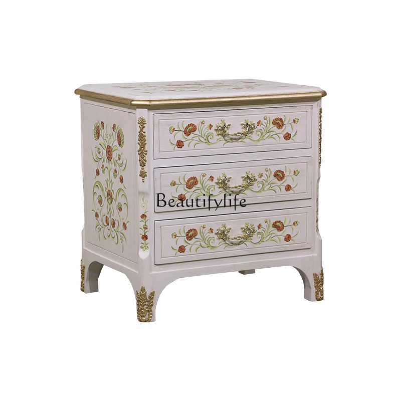 

European painted solid wood bedside table solid wood carving flower storage hand painted bedside table