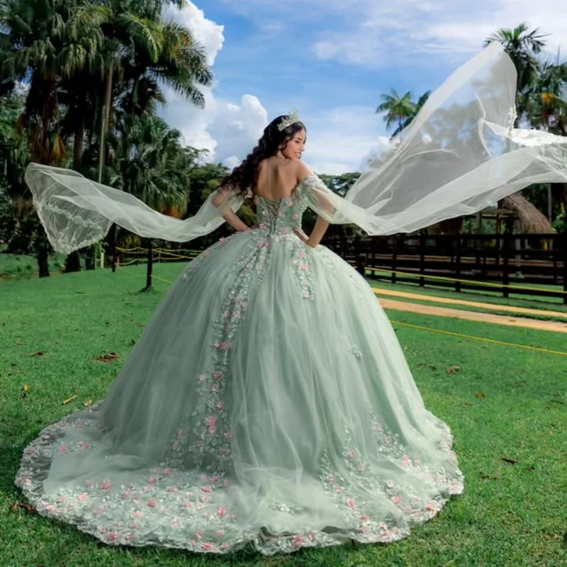Mint green Quinceanera Dress off-shoulder glitter 3D flower decal Long tail vestidos de 15 Quinceanera ﻿Customize