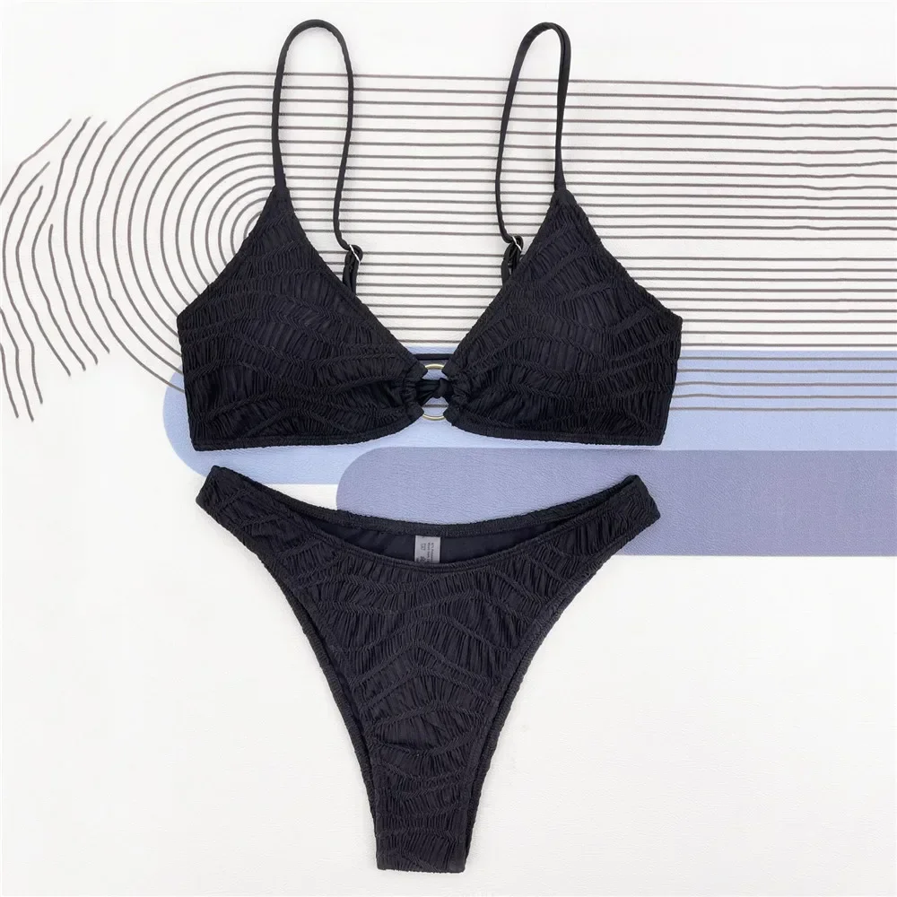 Black Figure Texture Bikinis Sets Sexy Swimsuit Women String Lace-up Metal Ring Swimwear High Cut Bathing Suit Bikini Beach Wear