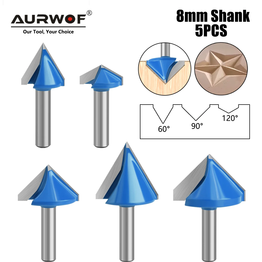 AURWOF 5pcs 8mm Shank 60 90 120 V Type Slotting Cutter Carving Grooving Tools router bit set Safety Milling Cutters