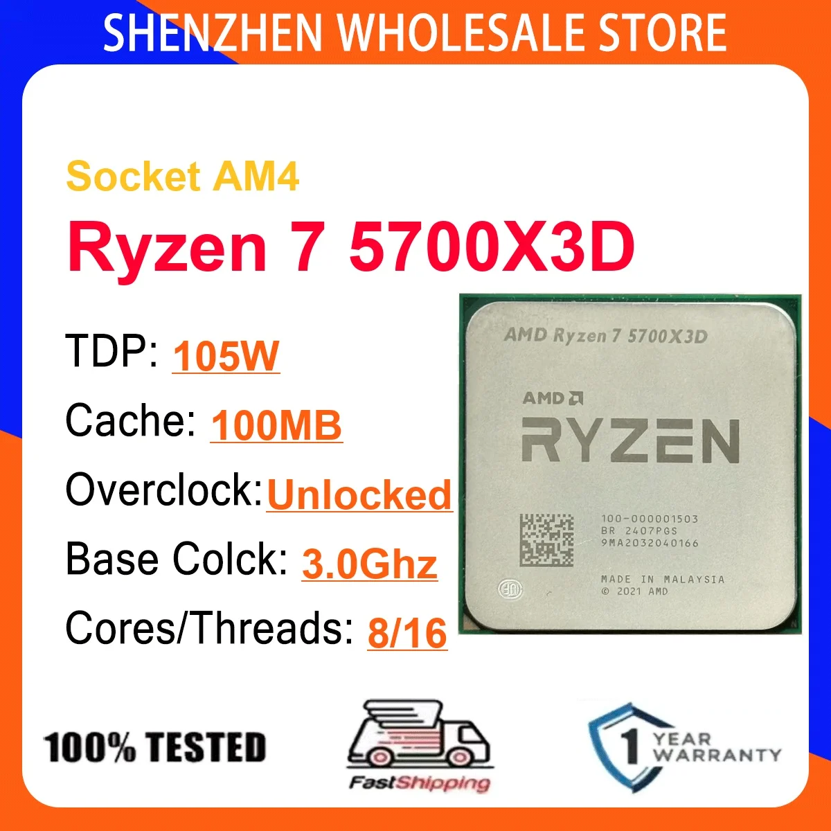 AMD Ryzen 7 5700X3D 8-Core 16-Thread 7NM 3.0Hz/4.1GHz L3=96MB 105W CPU Gaming Proce Socket AM4 DDR4 NEW No Cooler No Fan