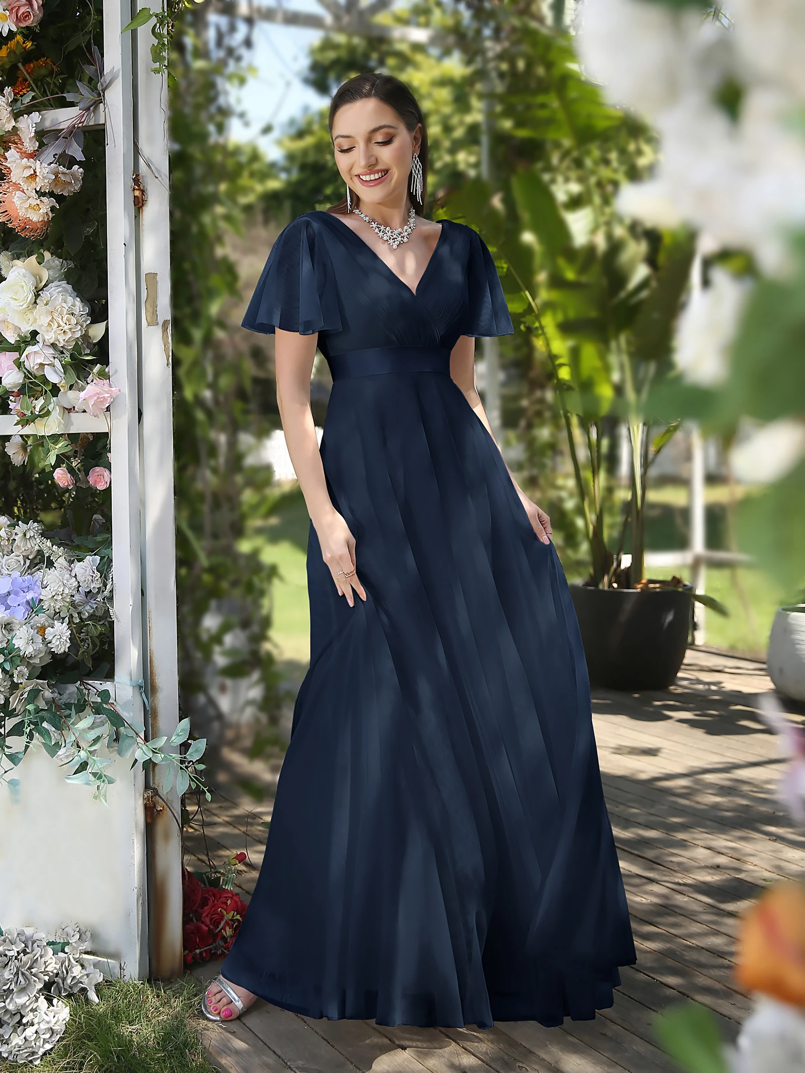 Eleganti abiti da sera impero con volant in tulle maniche corte scollo a V abiti da ballo senza schienale abito da sposa da sposa a-line fino al pavimento