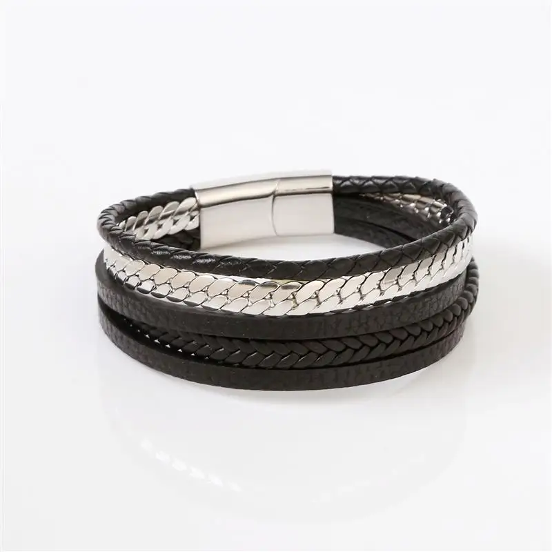 Fashion New Style Stainless Steel Men\'s Leather Bracelet Hand-woven Multi-layer Combination Accessory Classic Bracelet Big Sale