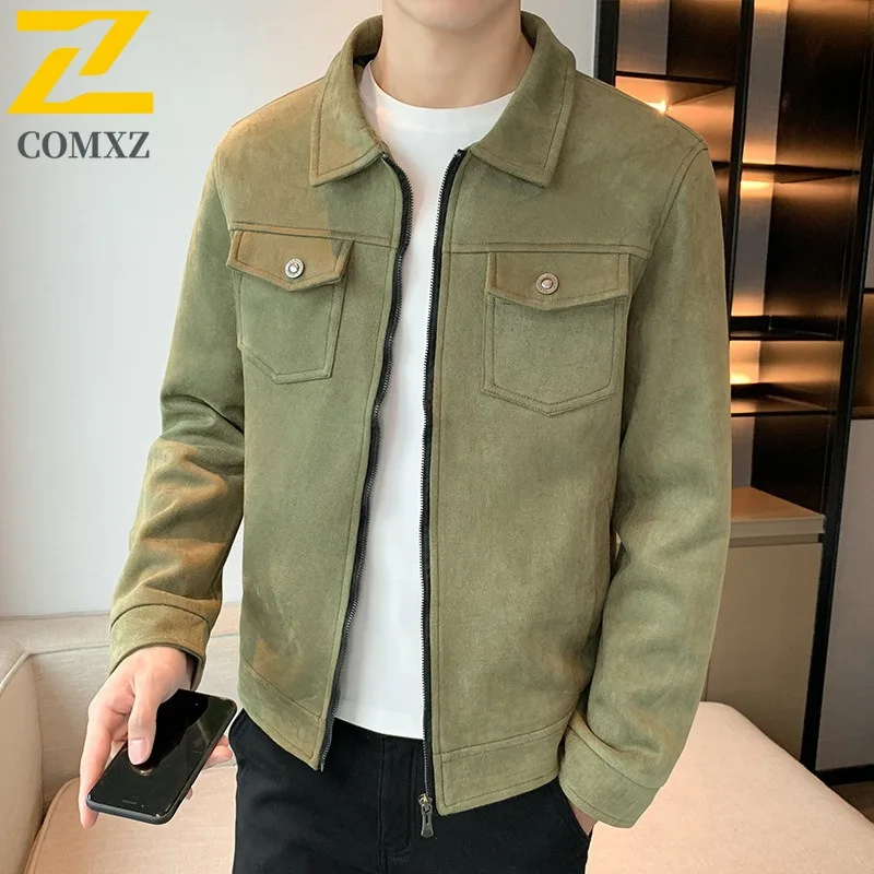 

COMXZ 2025 New Workwear Jacket Men Suede Winter Mens Korean Slim Turn Down Collar Multi Pocket Youth Casual Top Coat