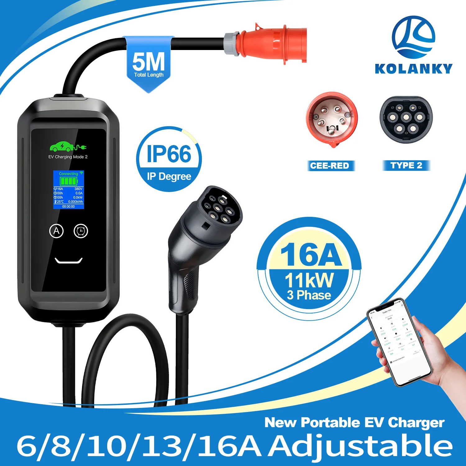Kolanky 11 кВт Зарядное устройство для электромобилей 16A 3P Портативное зарядное устройство для электромобилей Тип 2 с Cee Red Power Pulg App Control Всього 5 м для домашнего использования
