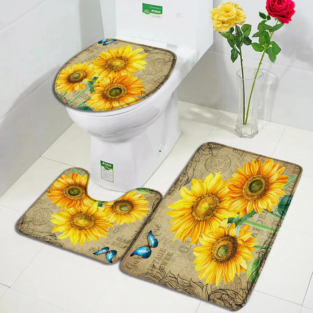 Butterfly Sunflower Bath Mats Set Yellow Flowers Plants Leaves Vintage Poster Art Bathroom Decor Non-Slip Rugs Toilet Lid Cover