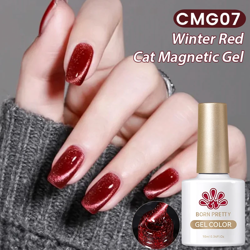 BORN PRETTY 10ml Dark Red Cat Magnetic Gel Nail Polish for Winter Nails DIY Jelly Glass Silver-Light Varnis Semi Permanent