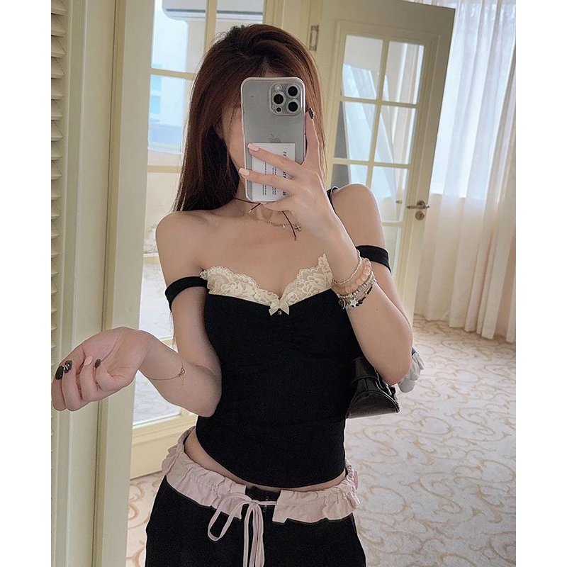

American One-shoulder Sleeveless Vest Female Summer Lace Patchwork Slim Suspenders Hot Girls Sexy Off Shoulder Skinny Outfits