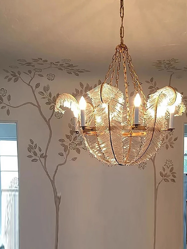 Vintage Crystal Feather Living Room Ceiling Chandeliers Bedroom Living Room LED Light Luxury Simple European Designer Lamp Villa
