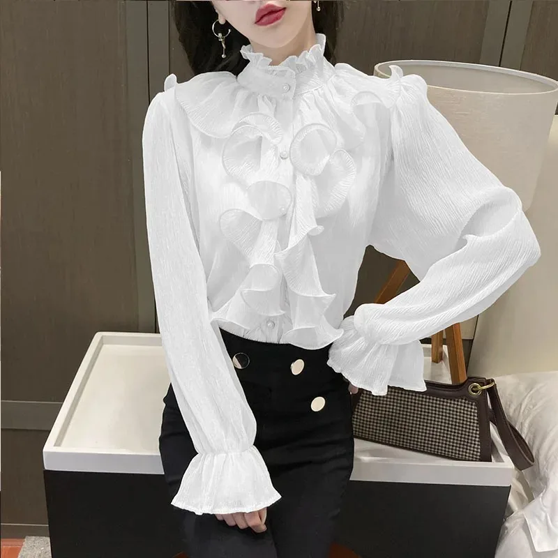 New Fashion Ruffles Stitching Lace Women\'s Blouse Elegant Chiffon Shirt Stand Collar Button Long Flare Sleeve Loose Tops 12946