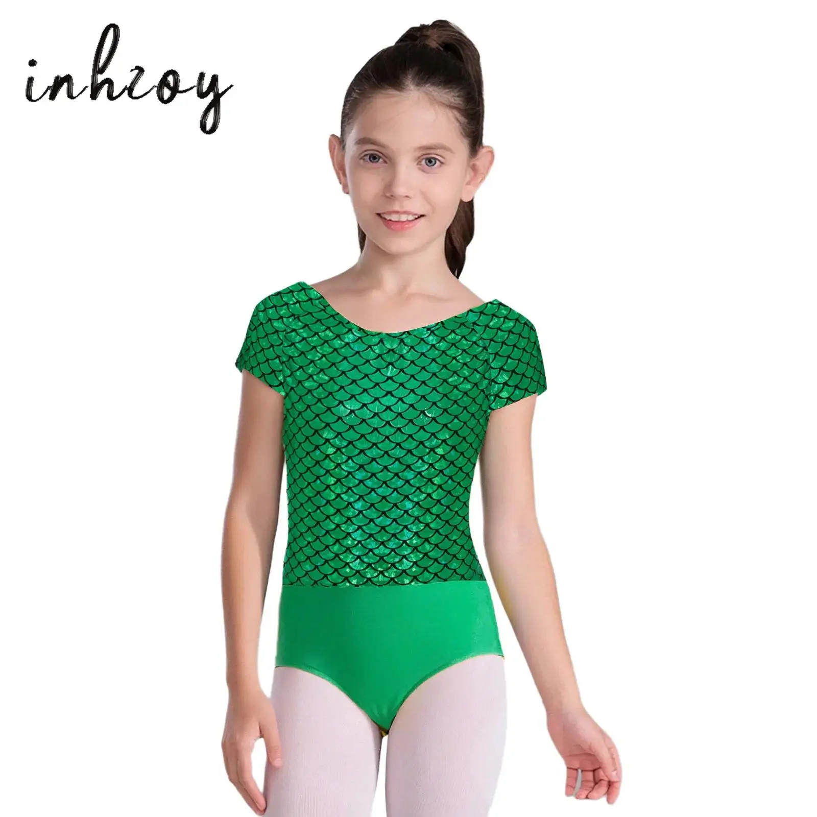 

Kids Girls Ballet Leotard Metallic Fish Scale Print Short Sleeve Bowknot Cutout Back Dance Bodysuit for Gymnastics Performance
