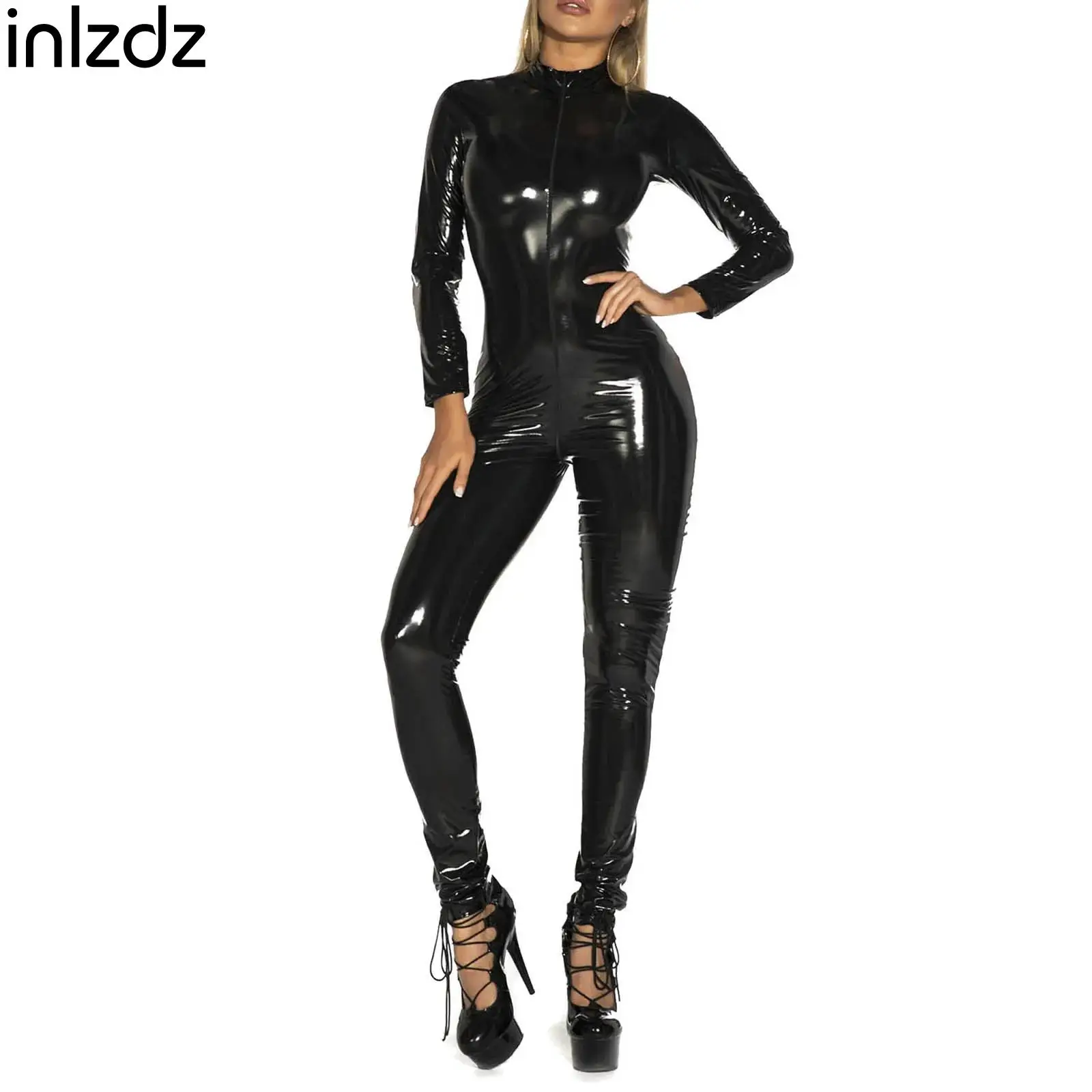 

Women Patent Leather Jumpsuit Bodysuit Sexy Rave Clubwear Wet Look Zipper Open Crotch Leotard Long Sleeve Elasitc Tight Catsuit