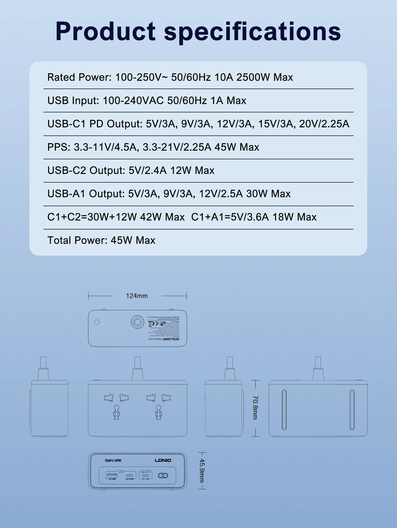 LDNIO شاحن سريع مكعب قطاع الطاقة 2 متر تمديد كهربائي سلك الطاقة 45 واط نوع C محطة شحن الولايات المتحدة المملكة المتحدة الاتحاد الأوروبي Kr Usb محول القابس