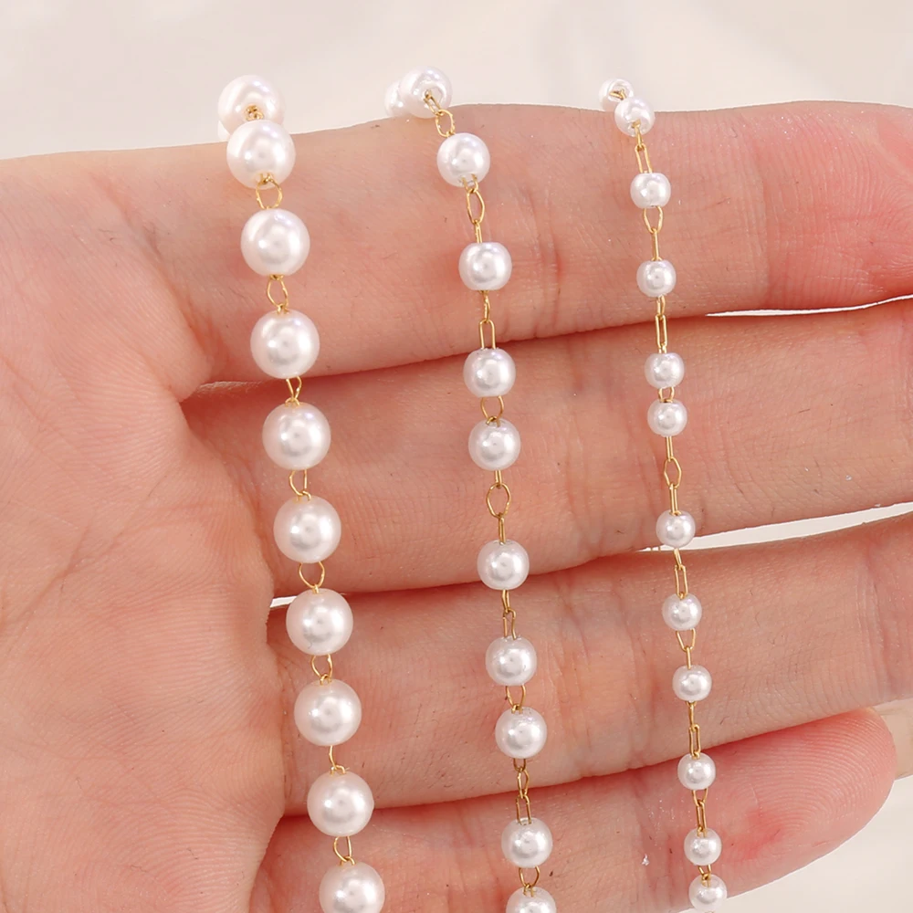 100cm Stainless Steel Imitation Pearl Beaded Cable Chain Findings for Jewelry Making DIY Necklace Bracelet Accessories
