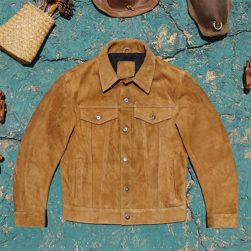 Japanese Version Third Generation Improved Denim Genuine Leather Jacket Men's Slim Fit Leather Coat Vintage Suede Thickened