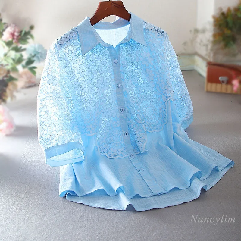 

Original Design Cotton and Linen Shirt Women's Artistic Lace Blouse Hollow Design Loose Slimming Shirts Female Summer Blue Top