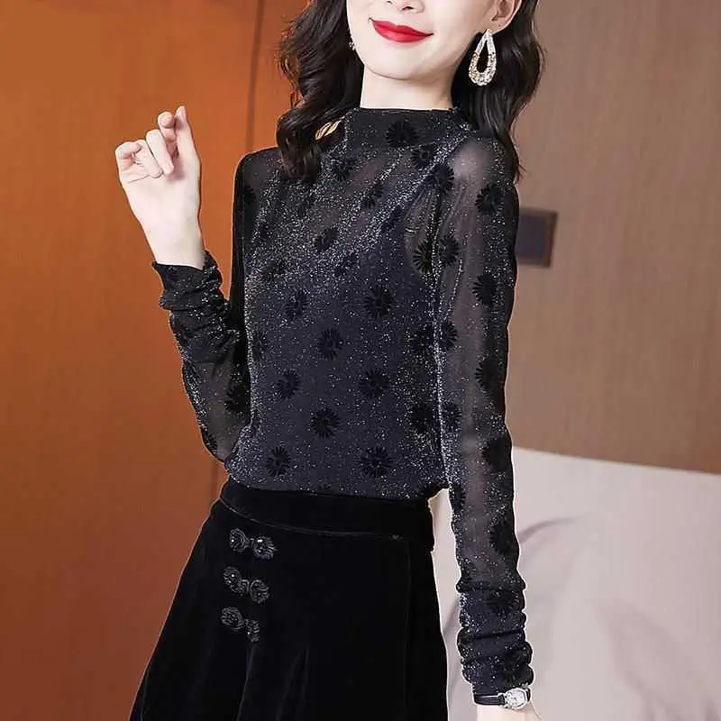 Thin Half High Collar Bottom Shirt for Women\'s New Westernized Small Shirt with Long Sleeves for Women\'s High-end Lace Shirt Top