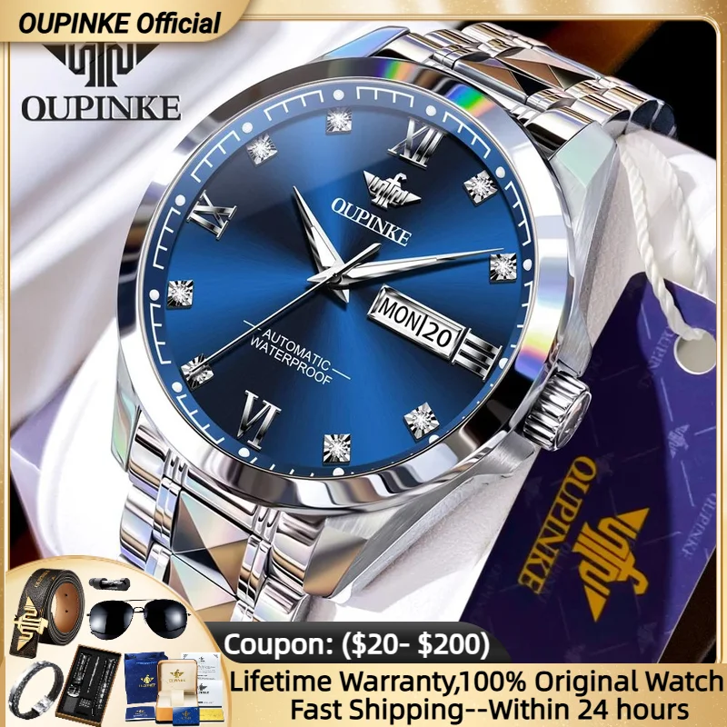 

OUPINKE 3262 мужские часы с деловым календарем, сапфировые водонепроницаемые часы, элитный бренд, мужские автоматические механические часы из вольфрамовой стали