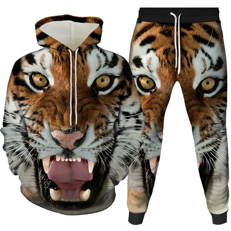 New Men\'s Sweater Sets Vintage Golf Hoodie Pants Men 3D Printed Tiger Animal Pattern Y2k Oversized Ventilate Fashion Tracksuit