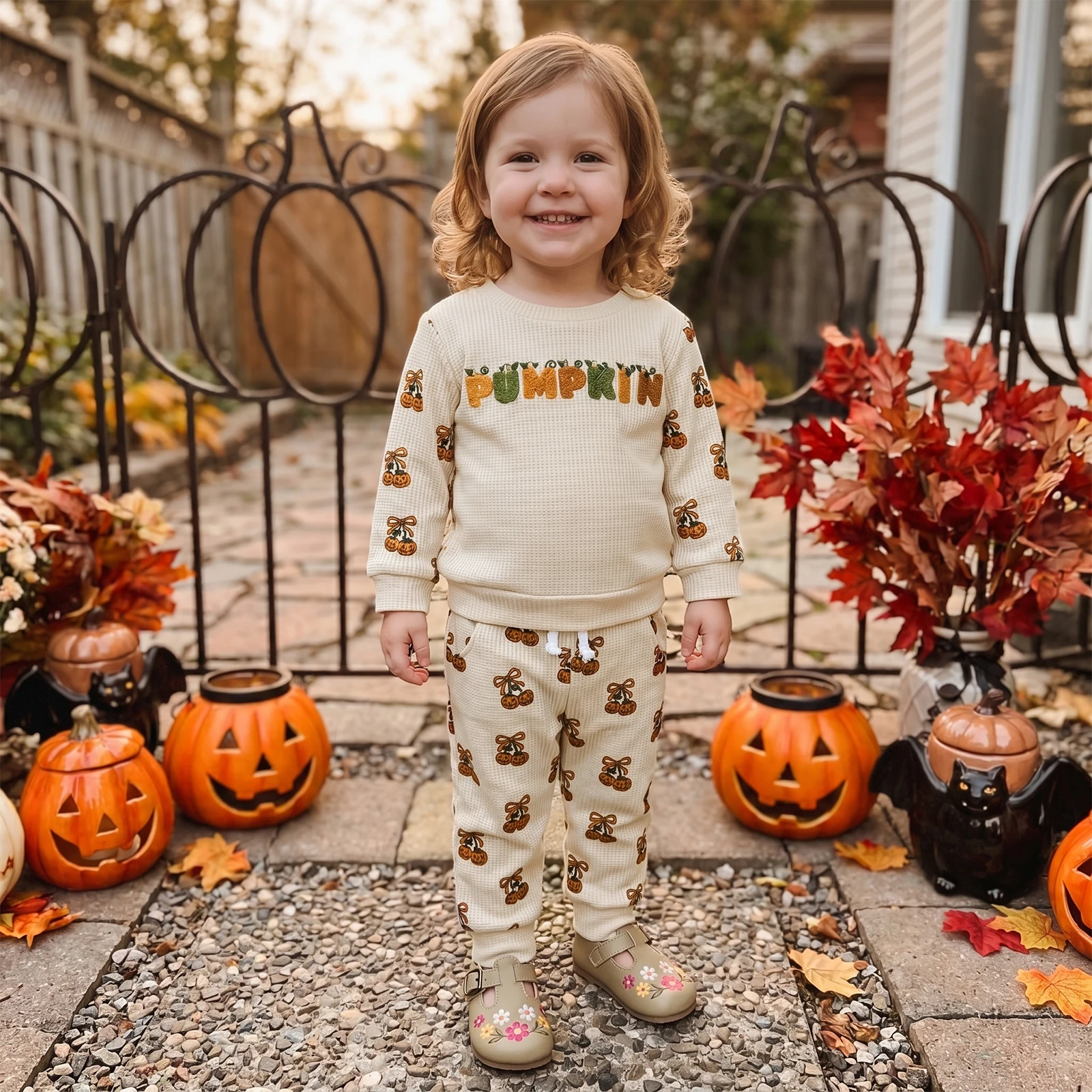 2027 Early Autumn Toddler Baby Girl Halloween Outfits Fashion Warmer Long Sleeve Round Neck Sweatshirt with Pants Children's Set