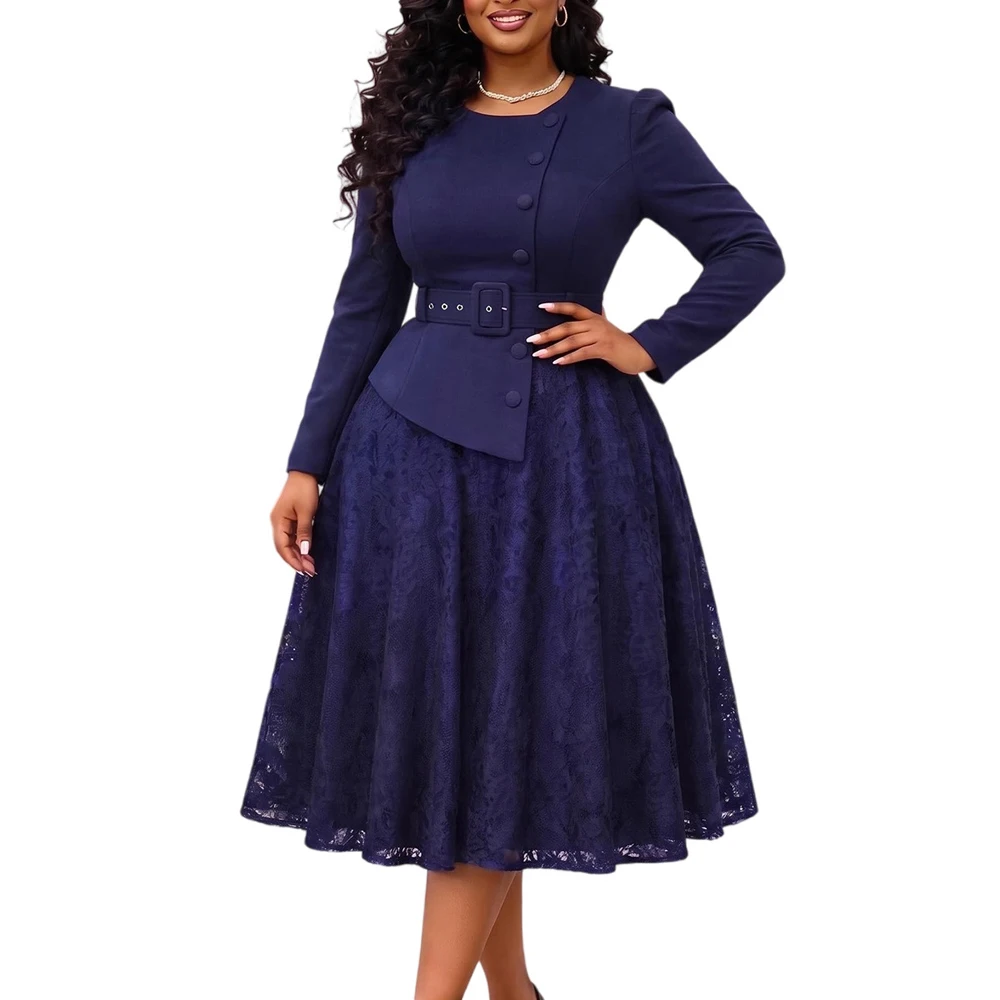 JENYAGE Damen Einfarbiges, schlichtes, langes Kleid mit Rundhalsausschnitt, Gürtel, Peplum-Spitzenrock, A-Linie, formelles Kleid für Hochzeitsgäste und Partys – Detail 12