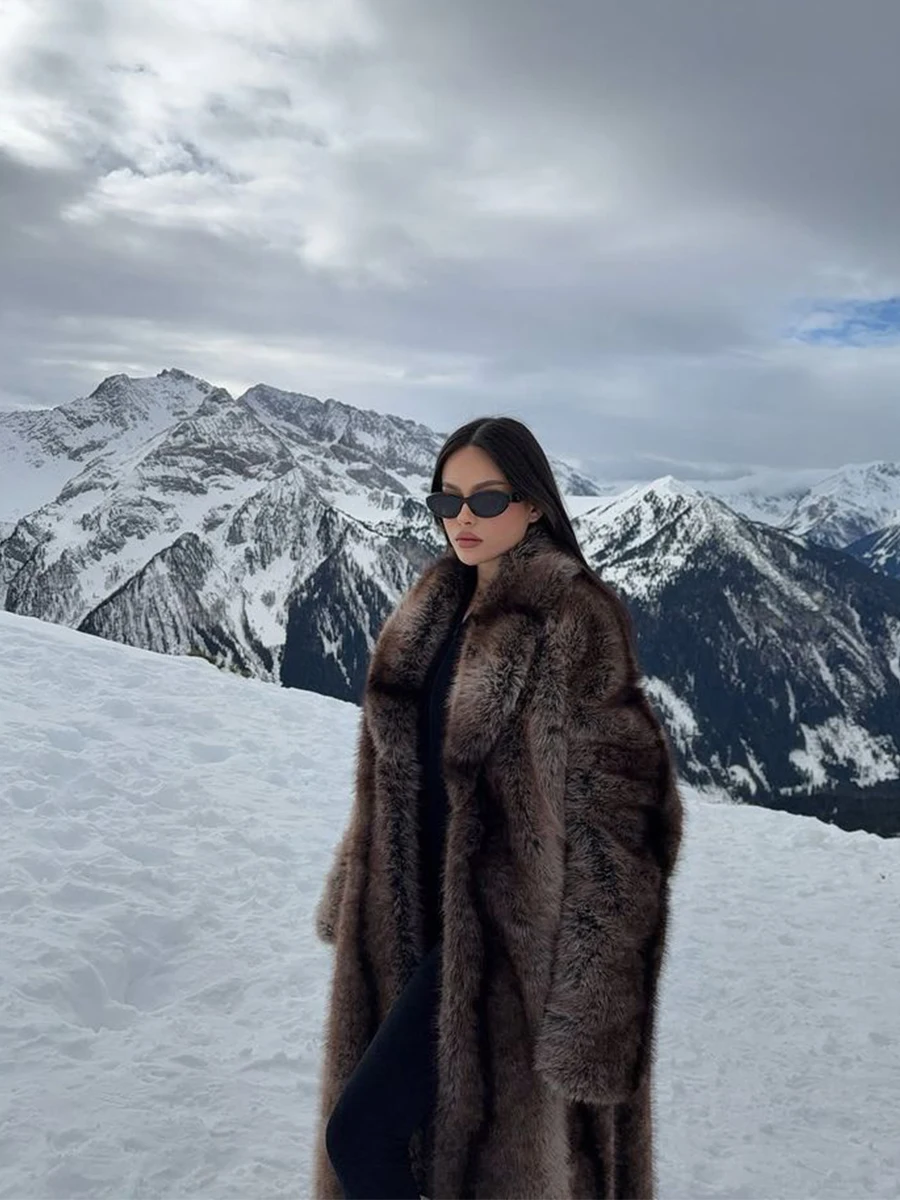 Brown Stripes Gradient Premium Faux Fur Maxi Long Coat Luxury Vintage Fluffy Lapel Collar Midi Coat Pinterest Style Slay Outfits