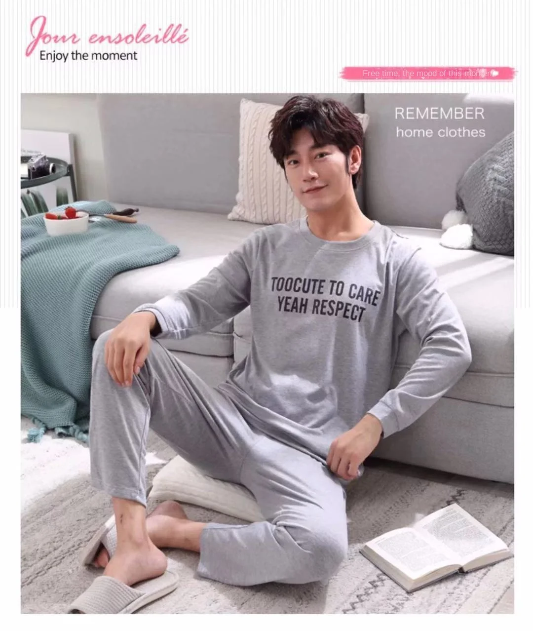 2 Teile/satz männer pyjamas set von große größe langarm lange hosen herbst und winter studenten hause kleidung rundhals herbst m – Detail 3