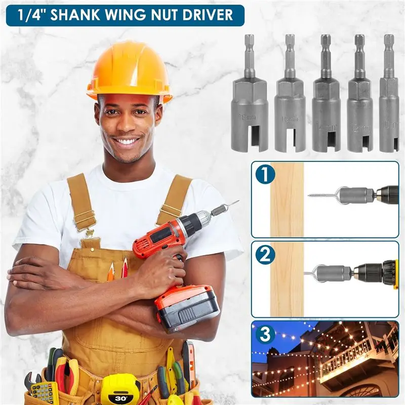 [HOT!A34R】 5PCS Wing Nut Driver,11-19Mm Steel Slot Wing Nut Driver Bit, 1/4 Inch Hex Shank Wing Nut Driver Set, Nut Driver Socke